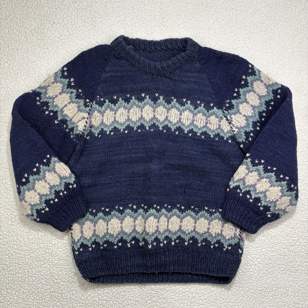 Vintage Hand Knit Chunky Wool Jumper Sweater Nordic Fair Isle Made In Ecuador